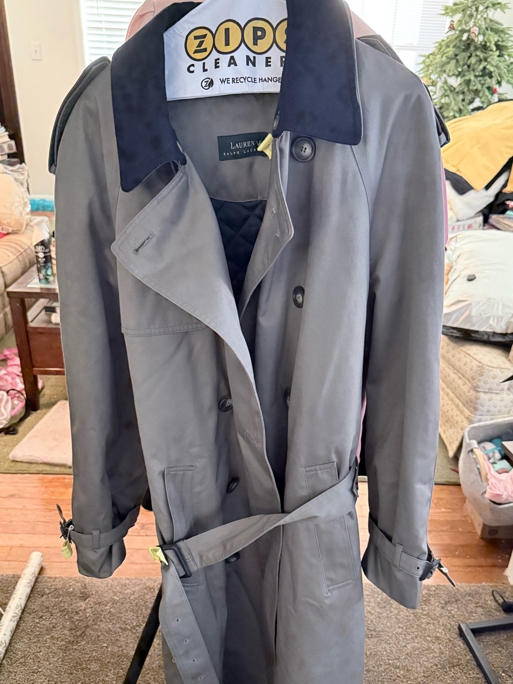 Lauren Ralph Lauren Gray Trench Coat with Navy Collar